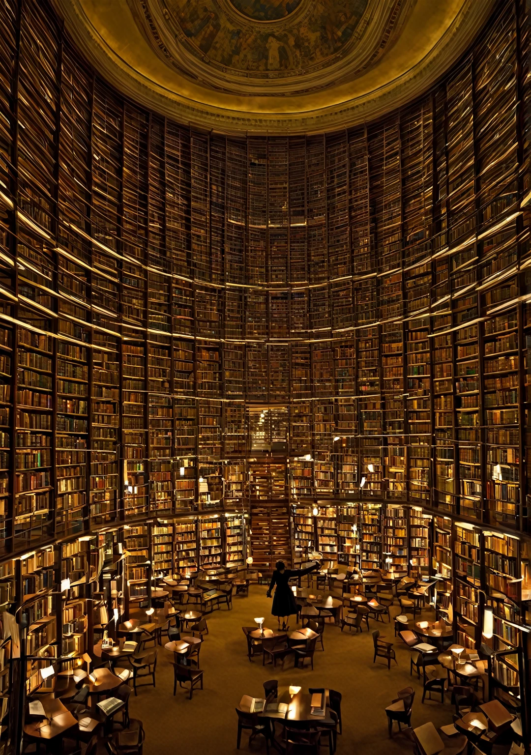 In the vast expanse of the enormous library, countless bookshelves stand in orderly rows, filled with infinite knowledge reaching up to the high ceiling. In the dim lighting, a lone librarian quietly moves about. She is a plump woman with a pair of small, round glasses, her eyes filled with kindness and wisdom as she welcomes those who enter. Maintaining the tranquility, she diligently organizes the books and kindly answers visitors' questions. This library is an oasis for those seeking knowledge, with her presence at its heart.