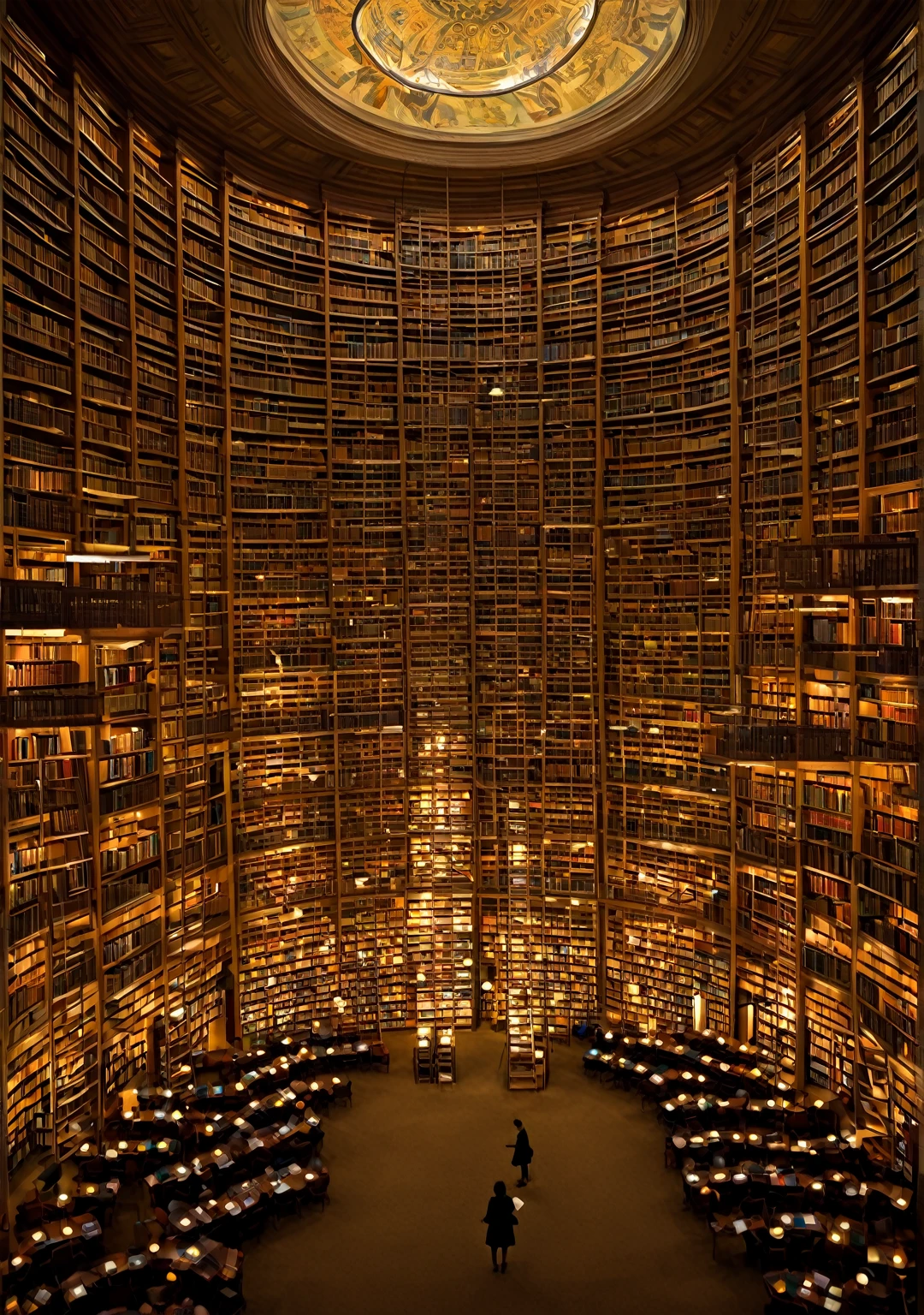 In the vast expanse of the enormous library, countless bookshelves stand in orderly rows, filled with infinite knowledge reaching up to the high ceiling. In the dim lighting, a lone librarian quietly moves about. She is a plump woman with a pair of small, round glasses, her eyes filled with kindness and wisdom as she welcomes those who enter. Maintaining the tranquility, she diligently organizes the books and kindly answers visitors' questions. This library is an oasis for those seeking knowledge, with her presence at its heart.
