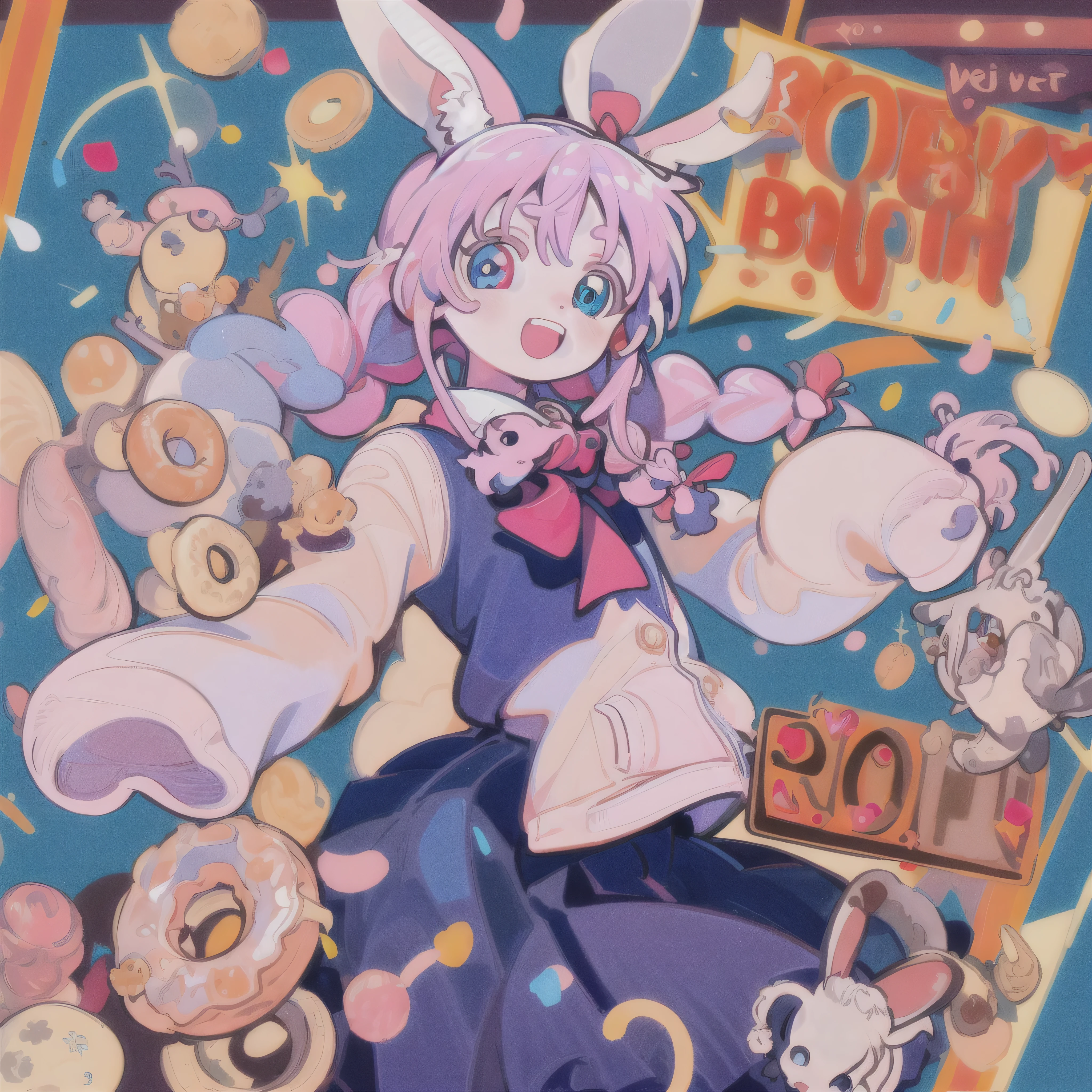 masterpiece, best quality, extremely detailed, detailed background, detailed face, 1girl, heterochromia, skirt, pink hair, scarf, blue eyes, braid, twin braids, animal ears, smile, rabbit ears, food, pleated skirt, rabbit, red eyes, open mouth, solo, long sleeves, doughnut, blue skirt, bangs, long hair, white shirt, shirt, :d, looking at viewer, teeth, jacket, confetti, bow, fake animal ears, >_<, upper teeth only, ribbon, open clothes, white jacket, sleeves past wrists, heart