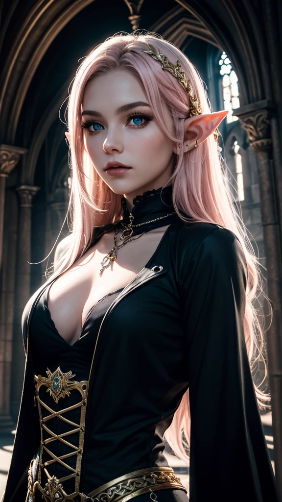 RAW, professional photograph, medium shot, photorealistic, hyper-realistic, ray tracing, super detail, UHD, 8k, female elf, twenty years old, goddess, gold jewelry, athletic body, soft facial features, long hair, straight hair, light pink hair, blue eyes, gothic style, dark Castle, gothic architecture