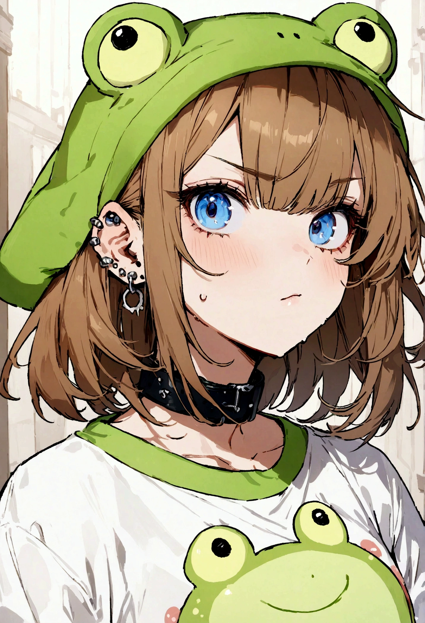 ((best quality)), ((masterpiece)), (detailed), gamer girl, brown hair, blue eyes, bratty look, collar, ear piercings, wearing frog hat,  graphic sweatshirt, cottagecore
