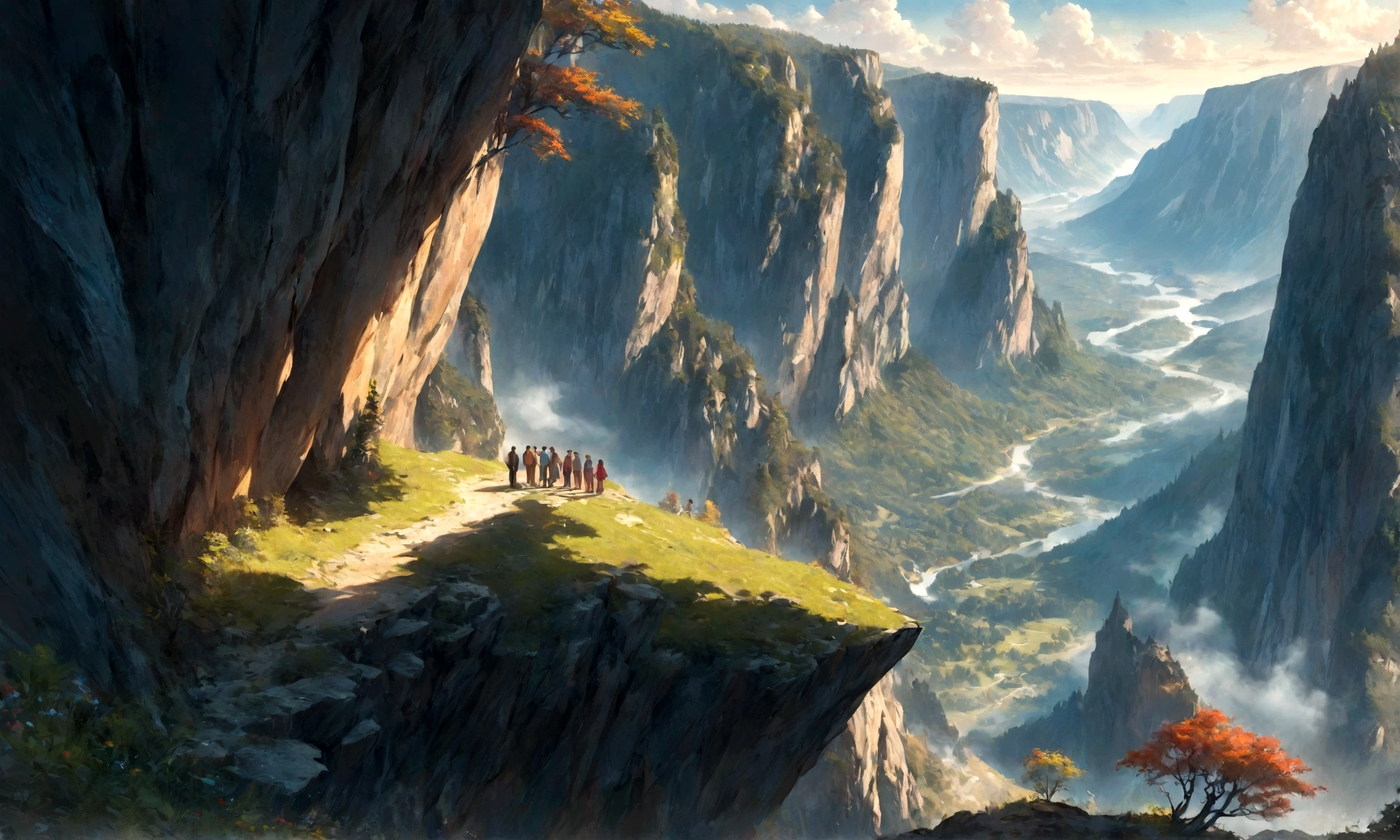 A breathtaking mountain cliff with people standing at the edge, gazing at the vast landscape below, capturing the awe and beauty, forest, trees in the landscape