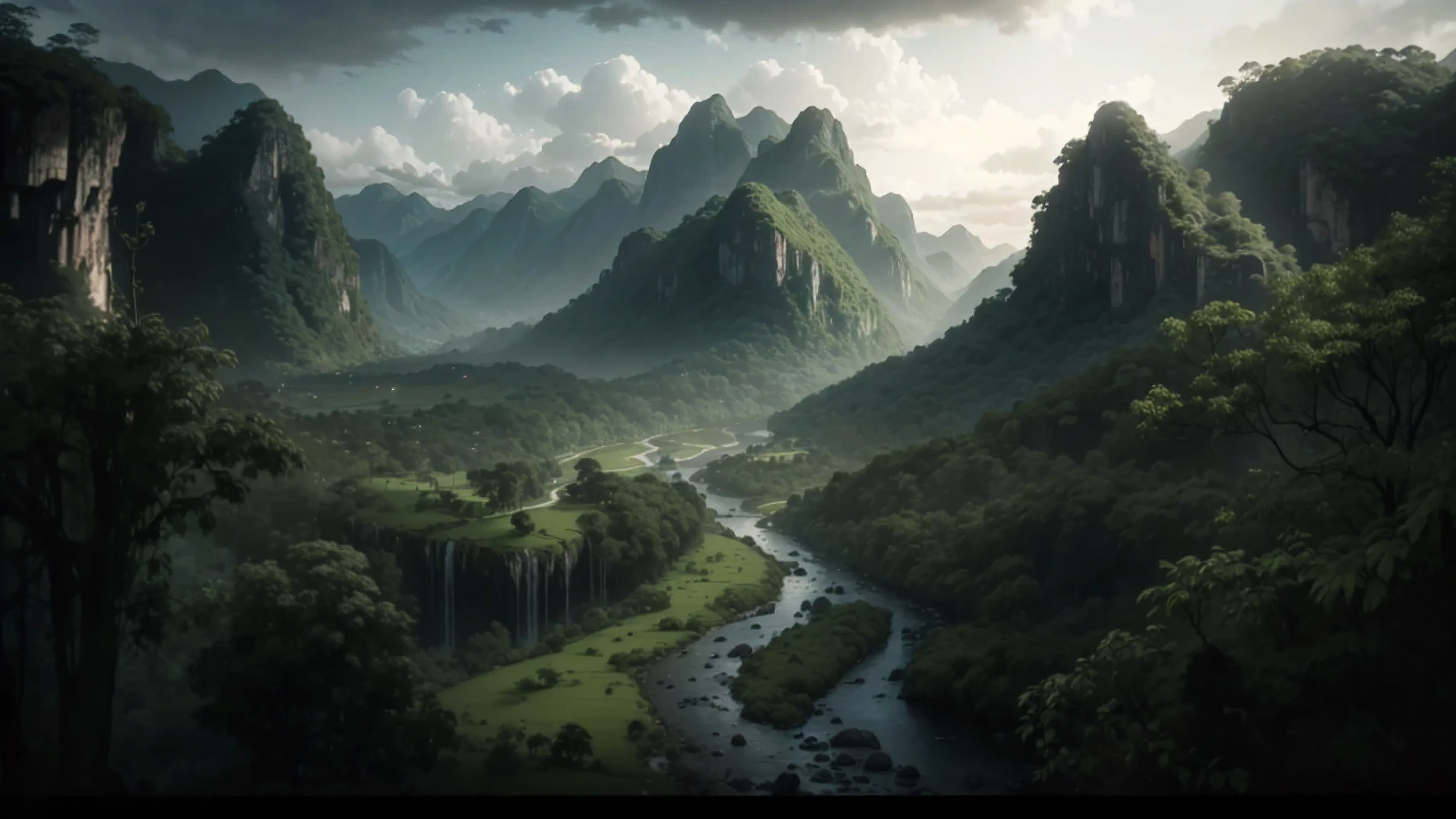 The valley is lush and verdant, with a meandering river that winds its way through the landscape. The mountains are steep and majestic, covered in dense jungle vegetation. The river sparkles in the sunlight, reflecting the rich greenery of the surrounding jungle. Atmosphere: The scene is epic and grand, capturing the breathtaking beauty of a pristine natural landscape. The sky is clear, with a few scattered clouds, adding to the overall serene and majestic atmosphere. Environment: The valley and mountains are depicted with incredible detail, showcasing the textures and colors of the jungle vegetation and rocky formations. The river adds a dynamic element to the scene, creating a sense of movement and life. Style: Illustrated as a stunning, high-quality matte painting in 8K resolution, the artwork captures the essence of an epic and realistic landscape. The painting is detailed and immersive, bringing the viewer into the heart of this beautiful and untouched environment. Lighting and Effects: The lighting is natural and vibrant, highlighting the lushness of the jungle and the clarity of the river. The sunlight casts soft shadows, enhancing the depth and realism of the scene. Overall Impact: The scene is a breathtaking and stunning matte painting, showcasing an elevated view of a mountainous valley with a river flowing through it. The combination of the lush jungle, majestic mountains, and sparkling river creates an impressive and exquisite composition.