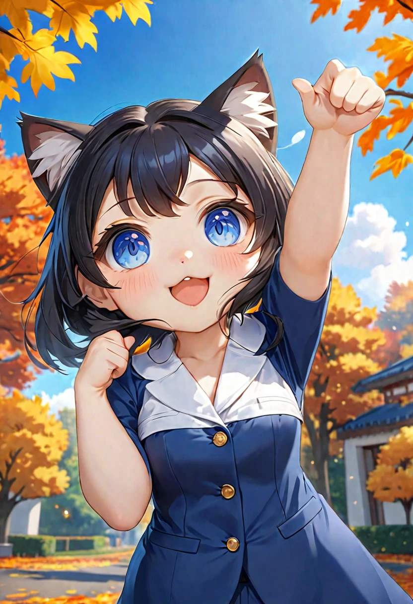 cat girl, chibi, cat girl-учитель, in a strict blue suit, formal suit, black hair, blue eyes, reaches for the sign, which hangs on the autumn tree, fabulous autumn tree, Rendering, anime фоновое искусство, winner of the pixiv competition, Anime girl with cat ears cute!! chibi!!! cat girl, милый anime cat girl, with index finger, to some, anime cat girl!, cat girl, chimonomics, run, fluffy furafinity, masterpiece, top quality, Best quality, official art, Beautiful and aesthetically pleasing:1.2), 2d, (Best quality, masterpiece), anime, (very detailed face), (very detailed eyes), background white, Ideal lighting, (very detailed dressed in a formal blue suit), (very detailed on the nose of the glasses)