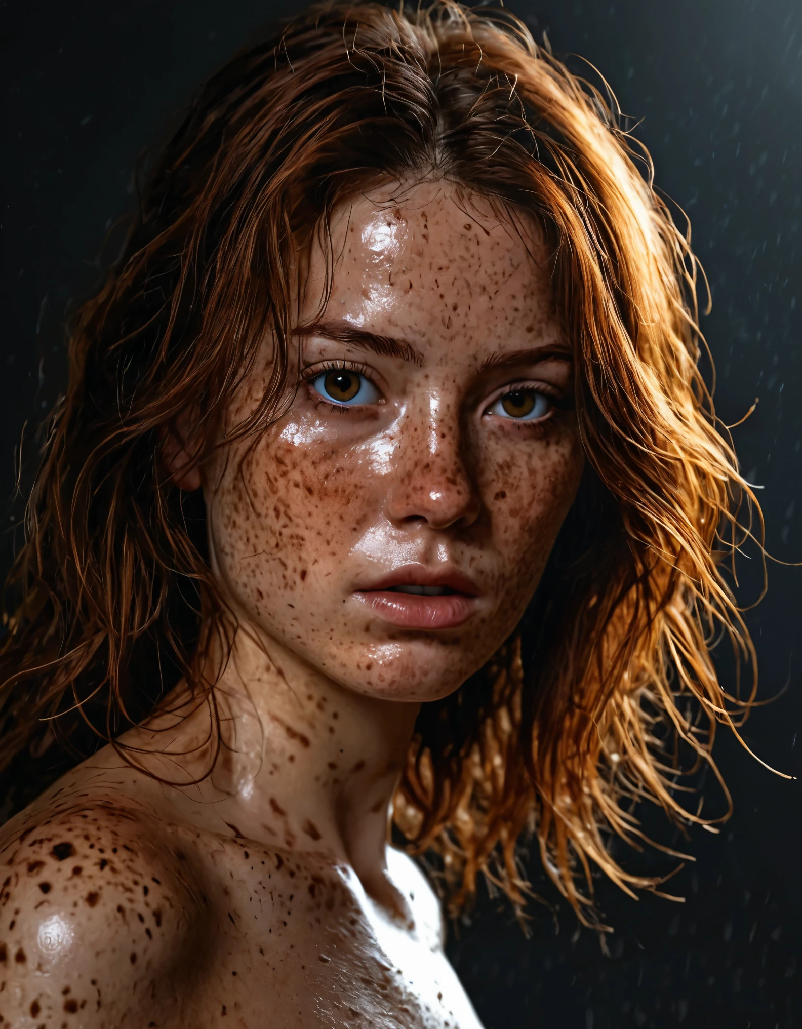 ultra realistic skin texture, portrait of a young spicy woman with medium brown hair and freckles, dramatic lighting, illustration by Greg rutkowski, yoji shinkawa, 4k, digital art, concept art, trending on artstation,  (spicy:1.2) \(BEST PHOTO\),
(Photography, raw format, photo:1.1),