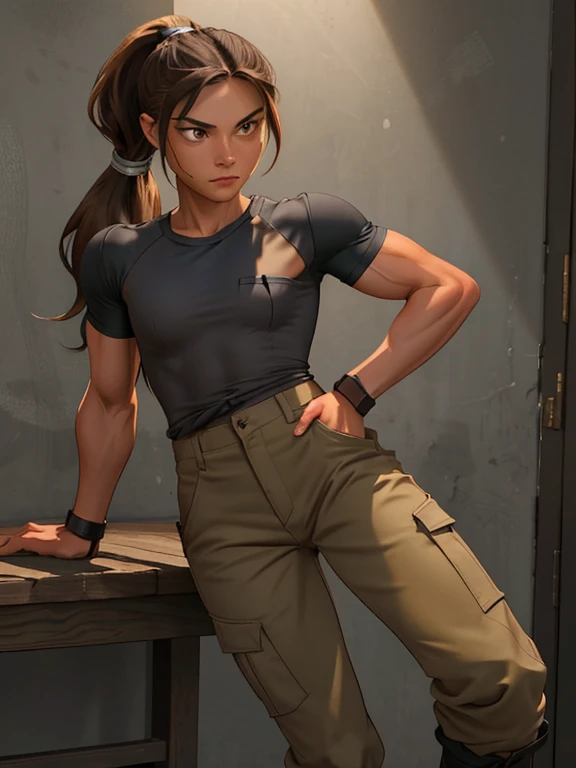 ink painting style, sketch, dynamic image of a young athlete with a toned, muscular body, very tousled dark brown tousled long hair tied in a ponytail, golden brown eyes, wearing a khaki T-shirt, military-style trousers with patch pockets and massive high infantry boots, A play of chiaroscuro