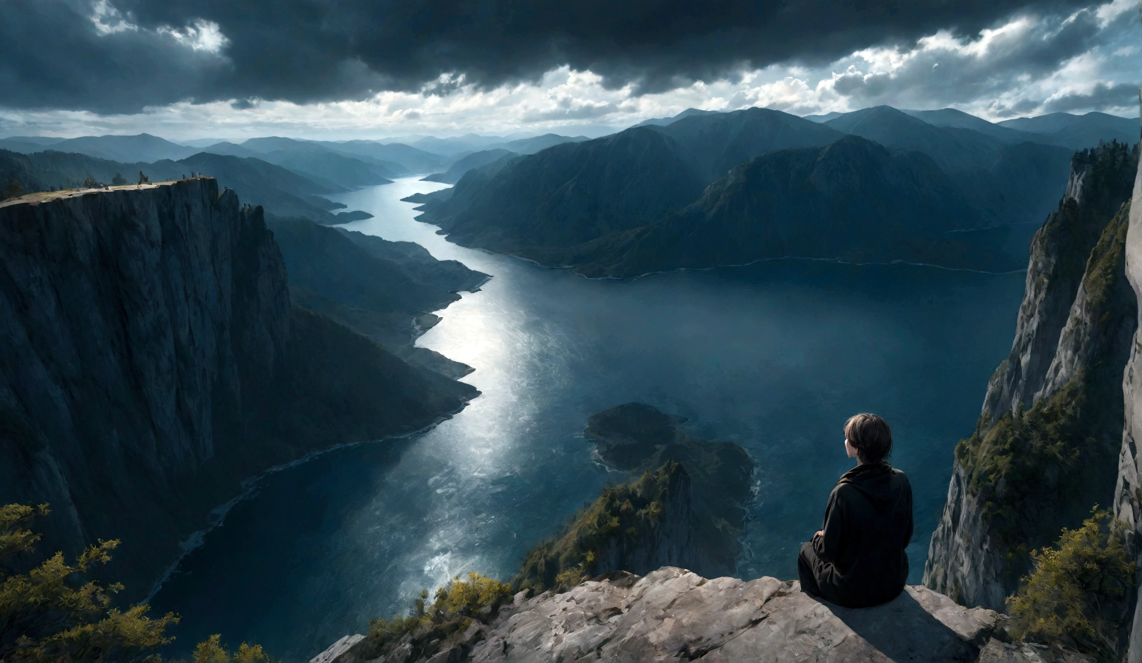 the edge of a cliff overlooking a body of water and mountains, sitting on the edge, mountains, epic scenic shot, over a cliff, breathtaking scenery, looking down a cliff, amazing view, epic scenery, an amazing landscape image, breathtaking shot, most epic landscape, standing on a cliff, cliff edge, trees in background, dark theme
