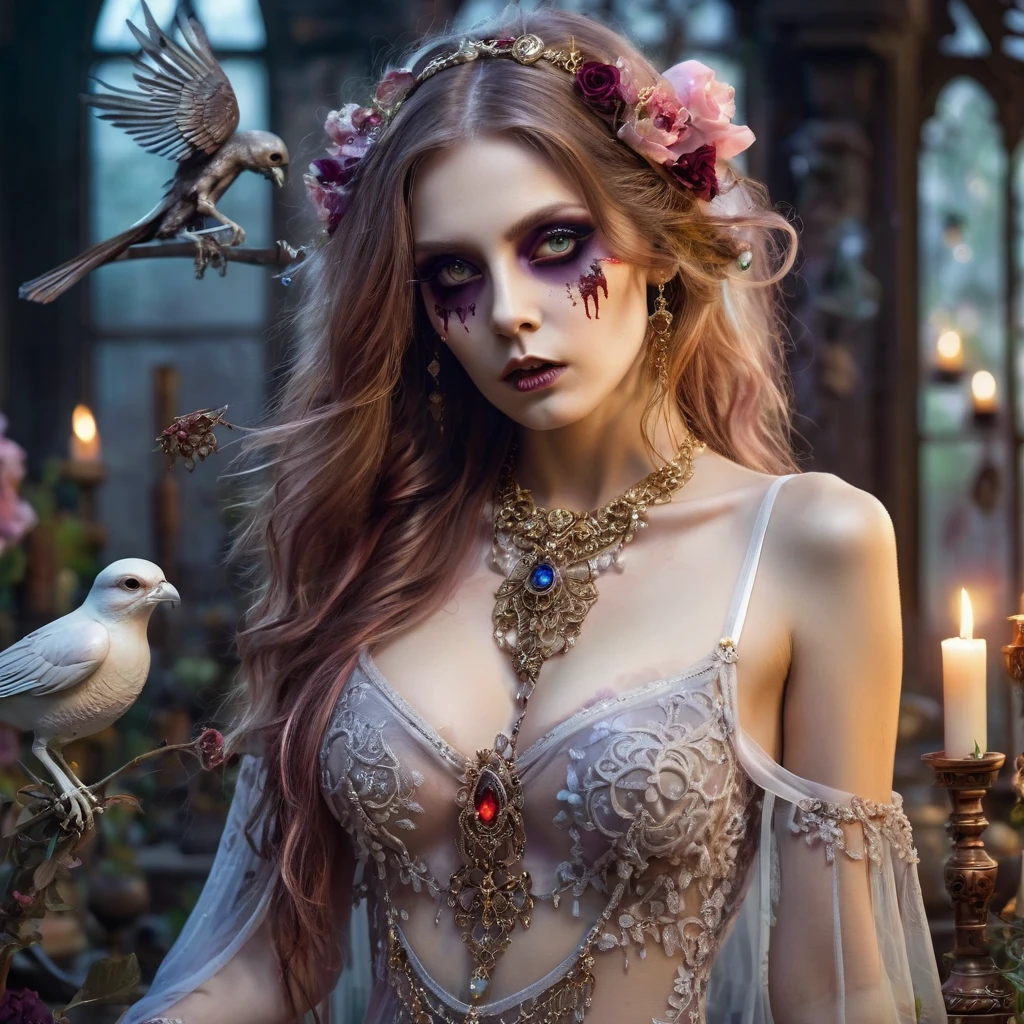 topless zombie girl, long bloody hair, seductive eyes, mysterious expression, mature appearance, charming sheer dress, flowing short dress, elegant jewelry, intricate decoration, magic symbols, glowing accessories, potions, scrolls, cute accents, bows, ribbons, flowers, birds, skeleton