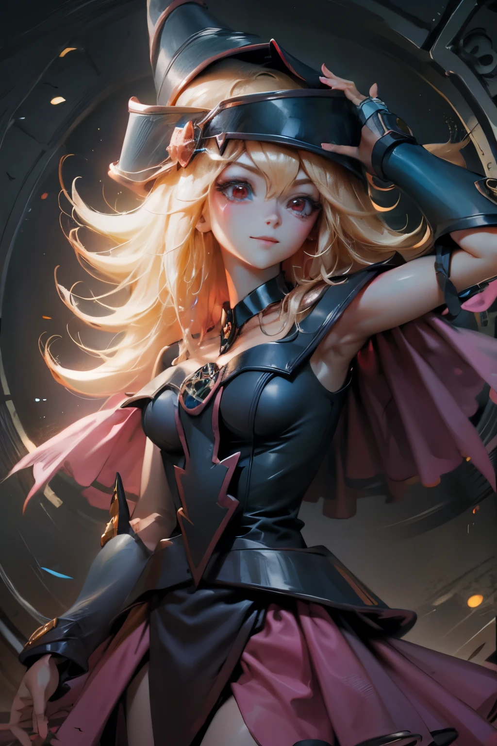 Crea el hermoso rostro de dark magician gils. Ojos azules. Labios rosados. Tes blanca. Cabello rubio. girl smile. Hombros destapados. Collar en el cuello. Rostro de dark magician gils