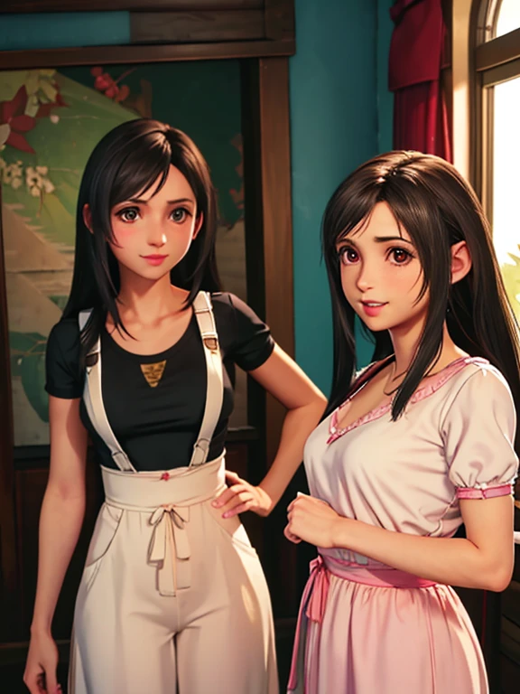 (obra maestra), (Alta calidad), (realista 1.5), (2 chicas), aerith vistiendo una blusa blanca sin mangas y una falda negra,Tifa Lockhart waring vistiendo una blusa blanca sin mangas y una falda negra ,pechos medianos, pose sexy, sonrisa malvada, soft lightning, mirando al espectador, manteniendo contacto visual, manos precisas