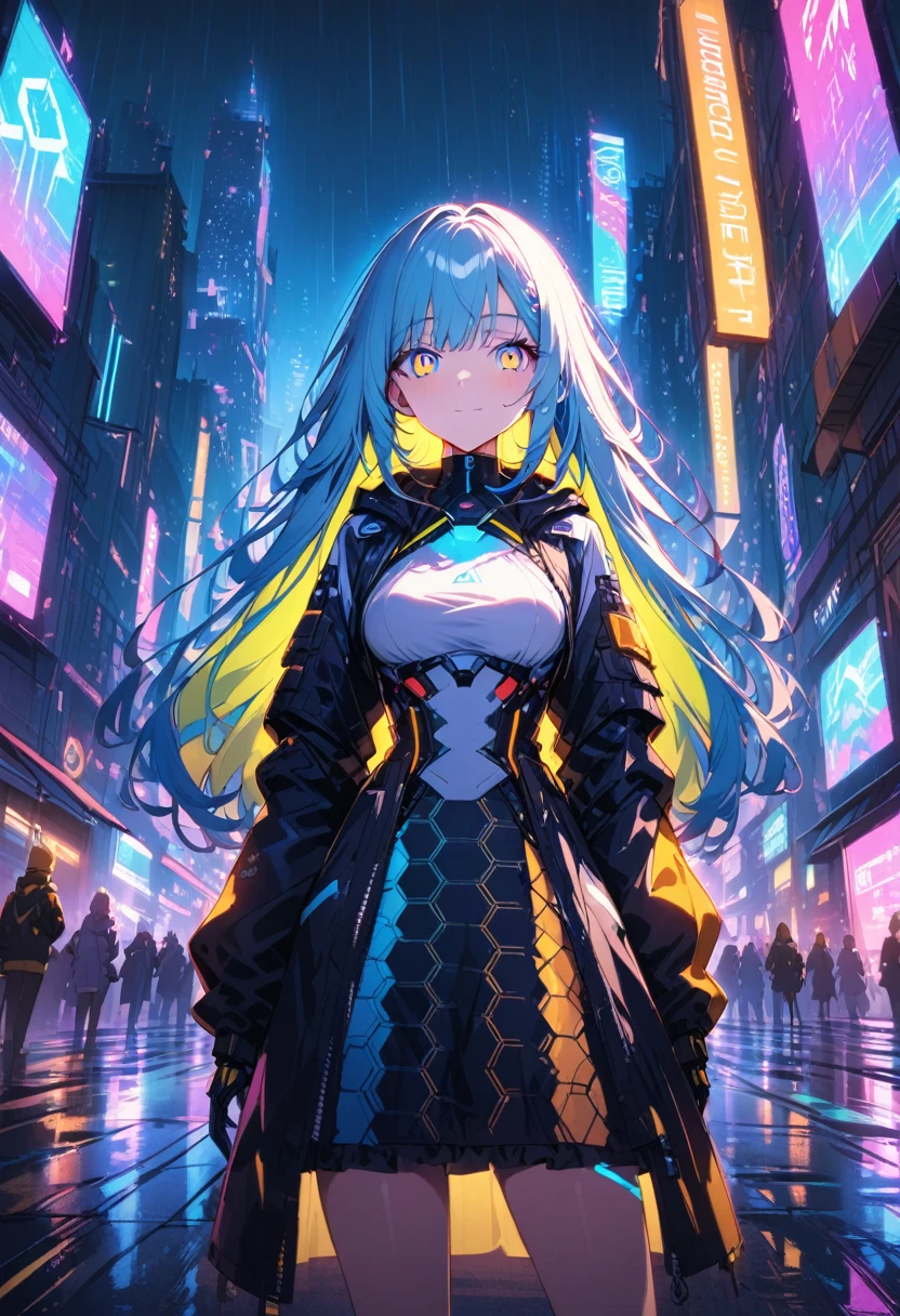 night, Colorful cyberpunk city background, rain, street, very long hair, (blonde hair:1.5), (blue inner hair:1.75), red bangs, yellow bangs, shining eyes, (multicolored eyes:1.5), blue eyes, yellow eyes, medium breasts, colorful jacket, futuristic jacket, (hexagon-pattern skirt:1.5), smirk, black, backlight, glow, Find an audience, low angle shot, Looking up at the camera, perfect composition, Perfect light and shadow, 8K