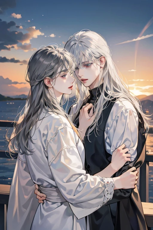 Two 20-year-olds in the same image. (First boy: thin, white skin, crystalline eyes, gray hair, long hair, fine face, beautiful, uke.) (Second boy: white skin, wearing a prince's suit, dark eyes, dark hair, facial features sharp, top.) (The second boy hugs the first boy.) Oceanic environment, in the water, wet, sunset.