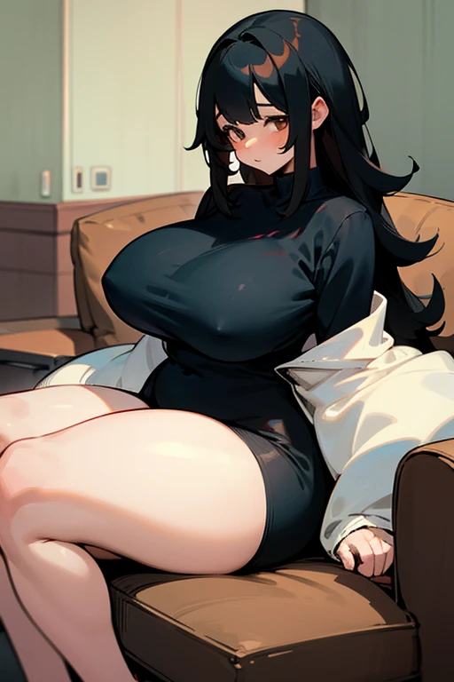 cozy background, cozy, chibi, bbw massive breasts woman very thick thighs, mother and son, casual clothing, comfy living room, black hair, brown eyes, 2 people, taller woman, young boy
