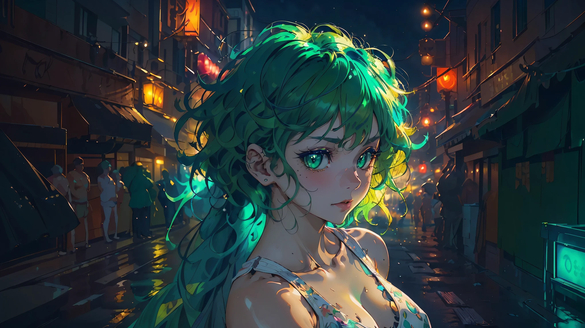 girl youtuber,(((1girl))),((extremely cute and beautiful green curly-haired anime girl walking down the street)),

(short breasts:1.4),(((green curly hair:1.35,very curly hair,colored inner hair,ear breathing,short hair))),((green eyes:1.3,upturned eyes:1.3,perfect eyes,beautiful detailed eyes,rainbow glows ultra-detailed yellow green eyes:1.1,gradient eyes:1,finely detailed beautiful eyes:1,symmetrical eyes:1,big highlight on eyes:1.2)),((fat)),(((lustrous skin:1.5,bright skin: 1.5,skin tanned,shiny skin,very shiny skin,shiny body,plastic glitter skin,exaggerated shiny skin))),delicate detailed fingers,detailed body,detailed arms,human hands,(detailed face)),

cute,slutty,seductive,erotic,(((nsfw))),

zettai ryouiki,revealing clothing,show skin,((rave mini-skirt,visible thong straps,white loose tank top with an intricate anime print)),(detailed outfit,detailed clothes),

(dynamic pose:1.0),solo focus,embarrassed,centered,scale to fit dimensions,Rule of thirds,

outdoors,((night view)),(very pretty city neon synthwave,cyberpunk night street Background:1.5,dark sky,thick clouds),future vehicles,((neon lights)),thick clouds,(cyberpunk style,neon lights, (synthwave theme background),  street),(((detailed background:1.25))),

(best quality),(high resolution),(sharp focus),(ultra detailed),(extremely detailed),(extremely high quality artwork),8k_wallpaper,(extremely detailed CG 8k),(very fine 8K CG),((hyper super ultra detailed perfect piece)),flawless,(((masterpiece))),illustration,vibrant colors,(intricate),High contrast,Selective lighting,Double exposure,HDR (High Dynamic Range),Post-processing,Background blur,