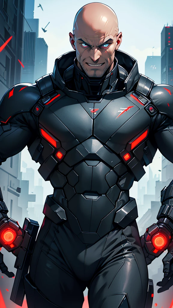 45 year old cybernetic Russian guy in black mobile cybernetic battle suit detailed muscles realistic masterpieces full figure pose (best quality,ultra-detailed), bald, dark eyes, scarred face, fit body, (evil grin expression), wearing cybernetic battle spacesuit