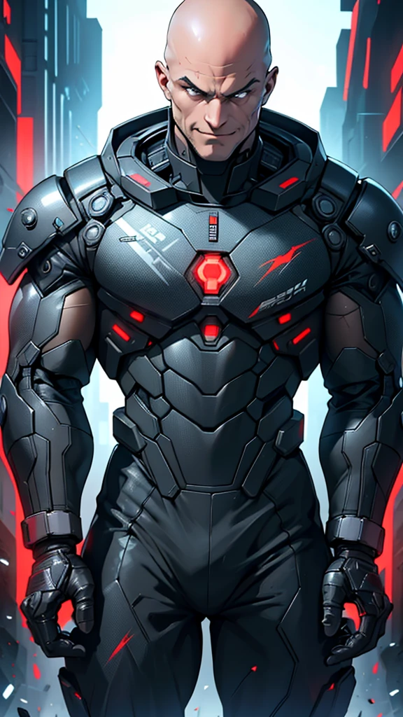 45 year old cybernetic Russian guy in black mobile cybernetic battle suit detailed muscles realistic masterpieces full figure pose (best quality,ultra-detailed), bald, dark eyes, scarred face, fit body, (evil grin expression), wearing cybernetic battle spacesuit