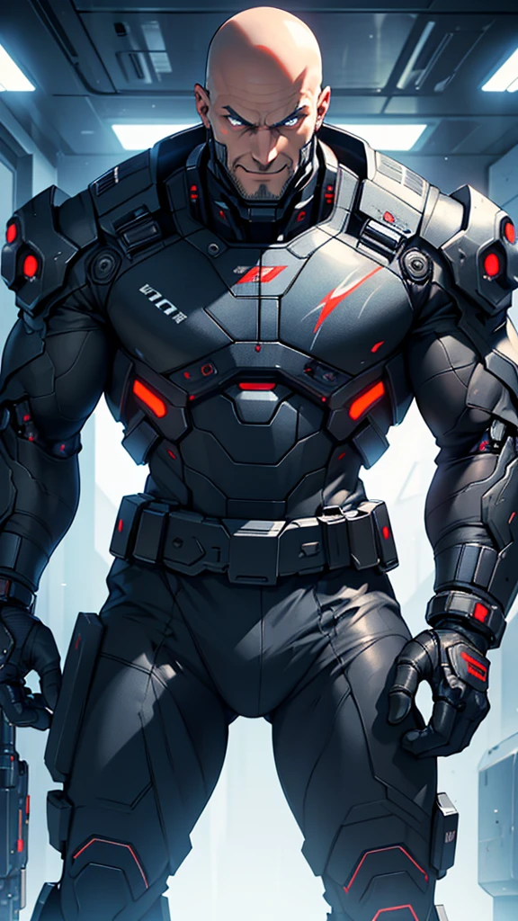 45 year old cybernetic Russian guy in black mobile cybernetic battle suit detailed muscles realistic masterpieces full figure pose (best quality,ultra-detailed), bald, dark eyes, scarred face, fit body, (evil grin expression), wearing cybernetic battle spacesuit