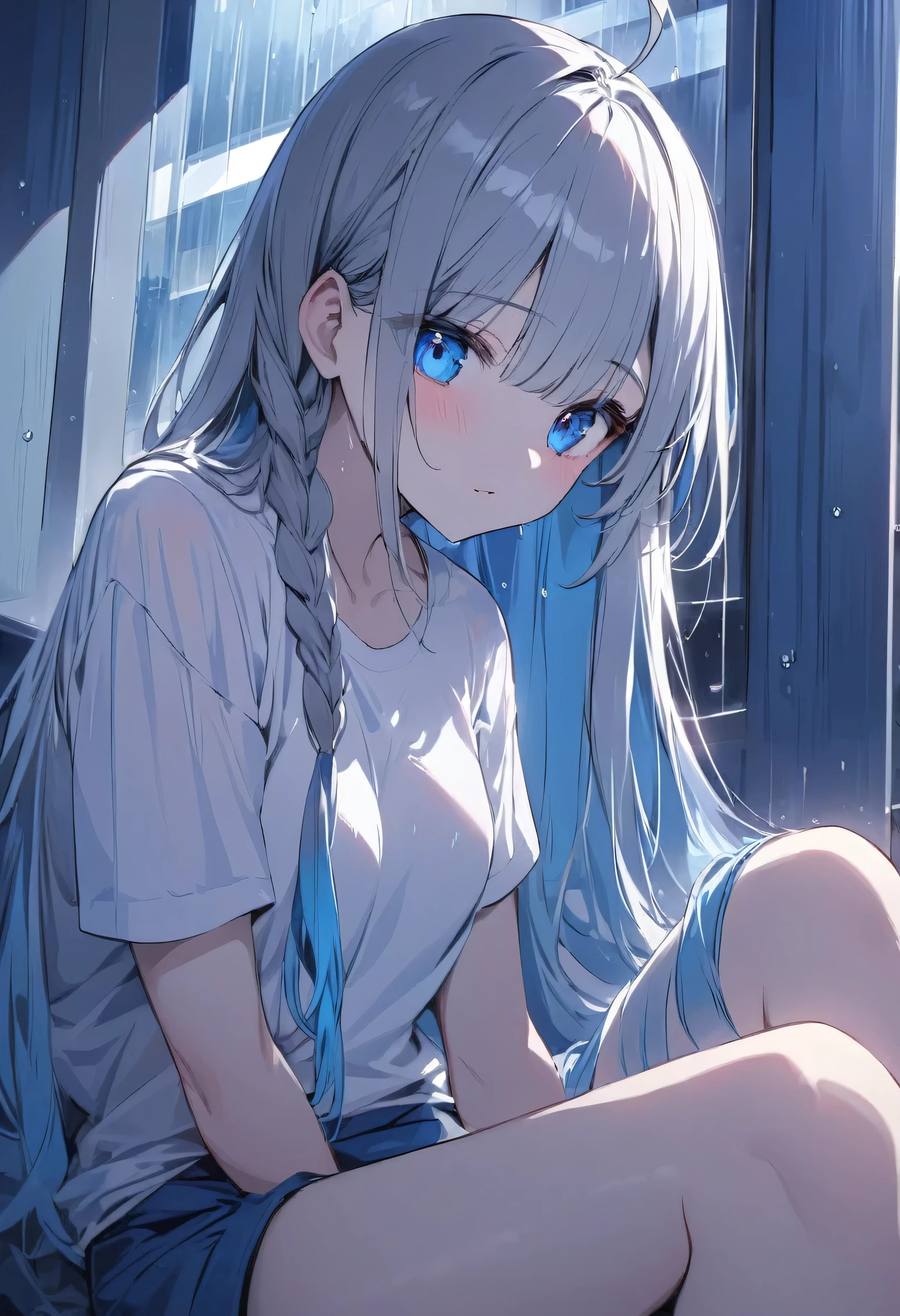 masterpiece, dark theme, Full HD, 8K, best quality, depth of field, best generating, 1girl, beautiful girl, cute girl, beautiful and pretty girl, slim body, medium breast, grey hair, long hair, ahoge hair, straight bangs and braids hair, gradient hair, grey and blue gradient hair, transparent hair, beautiful blue eyes, deep blue eyes,white t-shirt oversized, indoor, window, girl sitting, girl leaning on the window, girl looking at the window, girl's reflection in the window, rainy city view, cloudy, blue theme