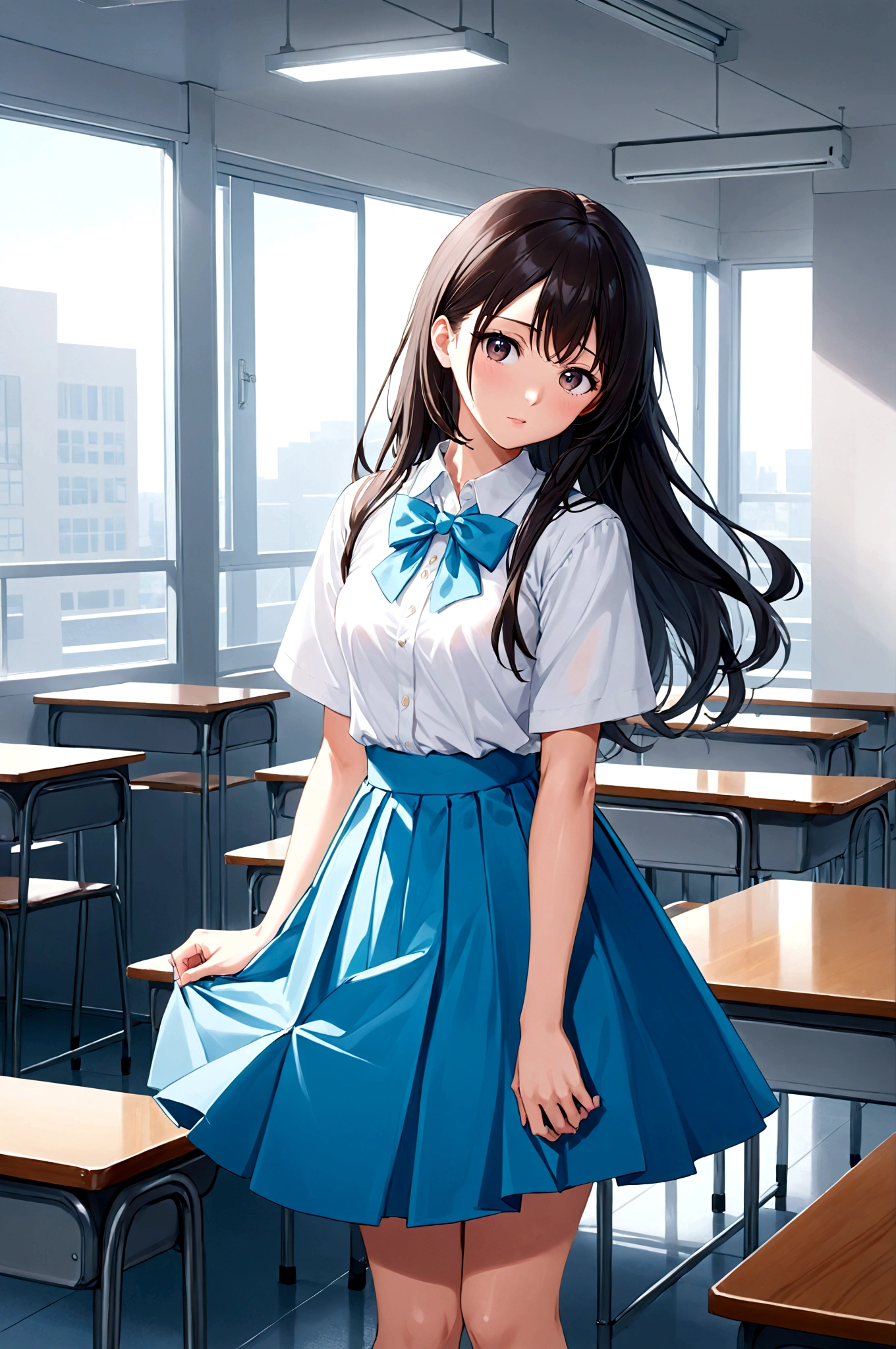 Anime Girls in a standing in a classroom, Beautiful anime school girl, Anime Moe Art Style, a hyperRealistic high school girl, hyperRealistic high school girl, Realistic high school girl, anime visual of a cute girl, Smooth anime CG art, seductive Anime Girls, attractive Anime Girls, Beautiful and attractive anime teen, cute , beautiful Anime Girls, (Anime Girls)