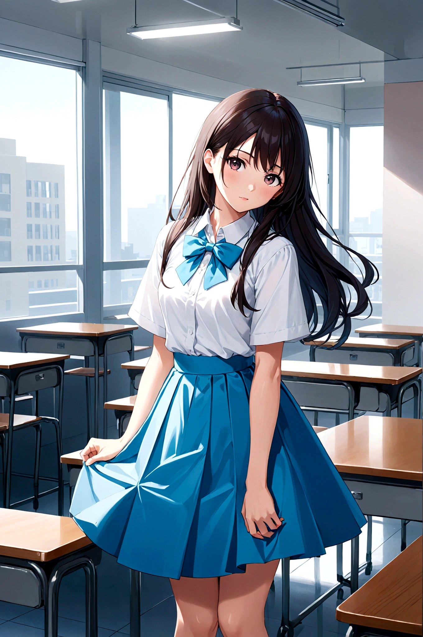 Anime Girls in a standing in a classroom, Beautiful anime school girl, Anime Moe Art Style, a hyperRealistic high school girl, hyperRealistic high school girl, Realistic high school girl, anime visual of a cute girl, Smooth anime CG art, seductive Anime Girls, attractive Anime Girls, Beautiful and attractive anime teen, cute , beautiful Anime Girls, (Anime Girls)