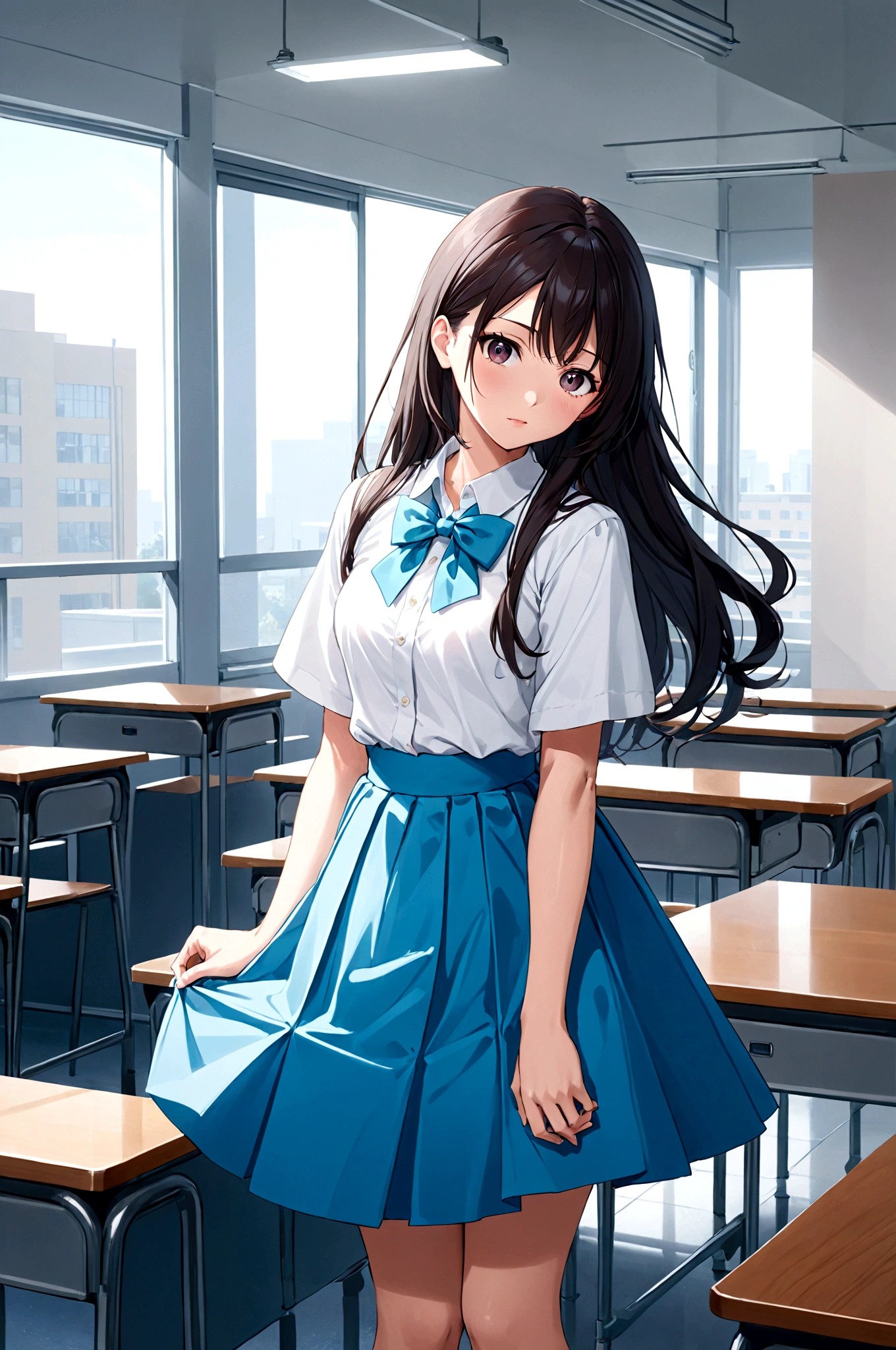 Anime Girls in a standing in a classroom, Beautiful anime school girl, Anime Moe Art Style, a hyperRealistic high school girl, hyperRealistic high school girl, Realistic high school girl, anime visual of a cute girl, Smooth anime CG art, seductive Anime Girls, attractive Anime Girls, Beautiful and attractive anime , cute , beautiful Anime Girls, (Anime Girls)