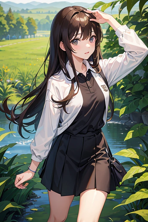 masterpiece, highest quality, High resolution,Follow the prompts、Anime Style、Brown Hair、Long Hair、black eye、uniform、Polo shirts and skirts