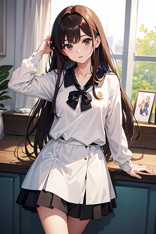masterpiece, highest quality, High resolution,Follow the prompts、Anime Style、Brown Hair、Long Hair、black eye、uniform、Polo shirts and skirts