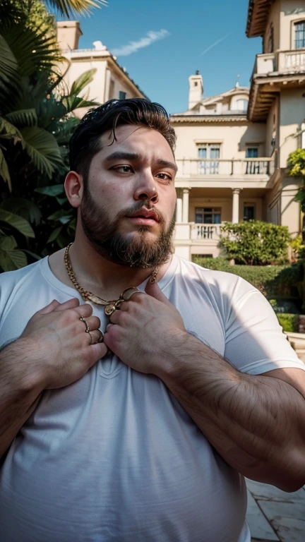 1 chubby man (homem de costa , He has his back to the viewer. Pool Scenario, beautiful mansion, Plantas Estilo urban jungle. Dia de sol, magnificent sky, sombras e luz no ambiente . He's bearded. gesturing with hands. gold chain around the neck, rings, clock