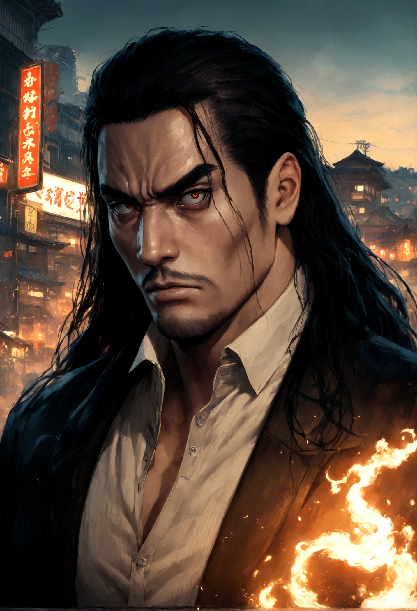 a man with long hair, furrowed brows, thick eyebrows, serious expression, high quality, ryu ga gotoku art style, yakuza game art style, yakuza 0 art style, game, kazuma kiryu, majima goro, realistic, (best quality,4k,8k,highres,masterpiece:1.2),ultra-detailed,cinematic lighting, dramatic lighting, detailed facial features, extremely detailed eyes and face, sharp focus, japan background, city