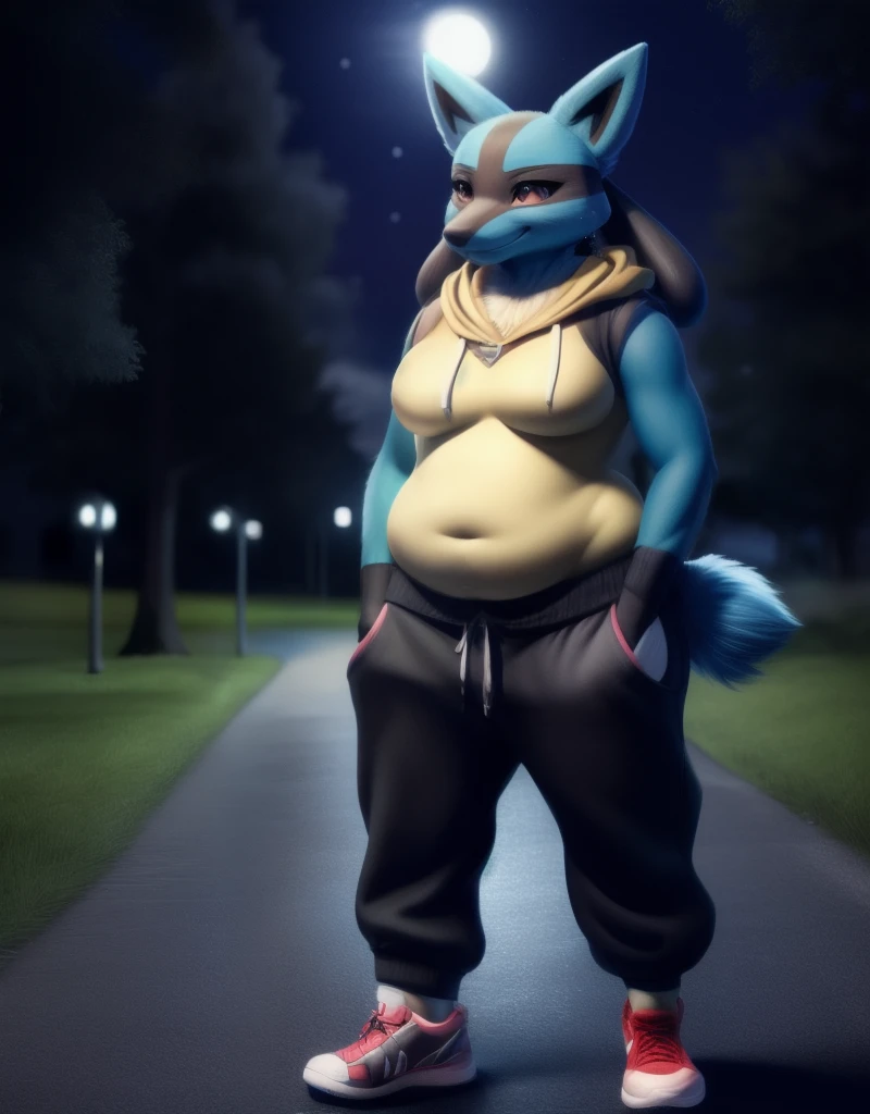 (((detailed eyes, detailed face))), (feral, Lucario pokemon), (solo), (plump, chubby, belly, breasts, overweight), male, chibi:1.4, cute, (hoodie), (sweatpants) (shoes) standing, arms behind back, smile BREAK (photorealistic, hyper realistic, ultra detailed), outside, night, (soft shading), 8k, UHD, masterpiece