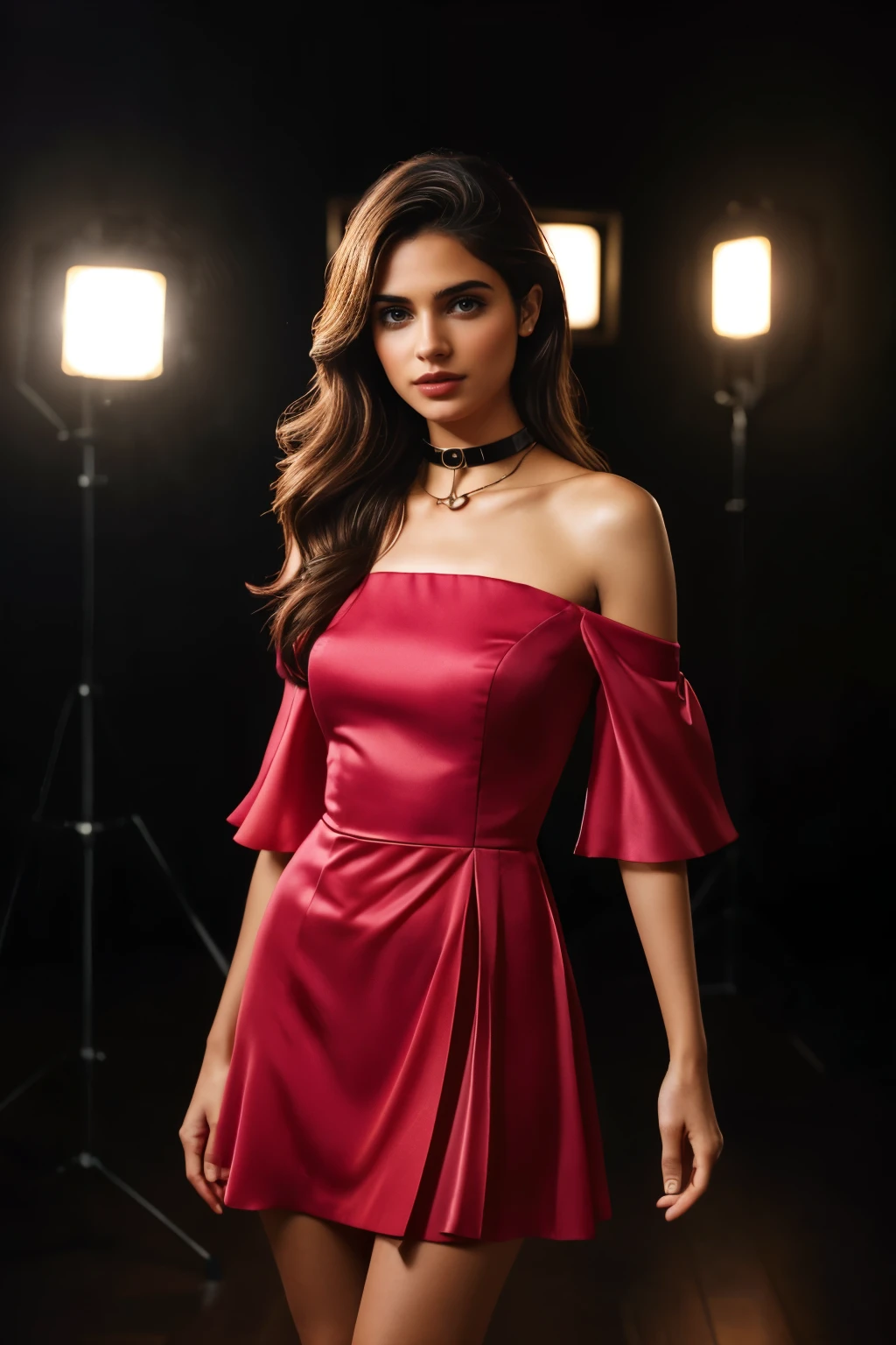 In this photograph, an Indian Instagram female model in her mid-20s takes center stage. , (highly detailed face:1.4) (smile:0.7) (backround 5 star hotel , moody, private study:1.OV, by lee jeffries, nikon d850, film stock photograph ,4 kodak portra 400 ,camera f1.6 lens ,rich colors ,hyper realistic ,lifelike texture, dramatic lighting , cinestill 800, realistic, wearing red pink and black combination dobby weave self design fit & flare dress Sweetheart neck Short, puff sleeve Tie-up detail on back Above knee length in flounce hem Attached Lining Chiffon fabric, actress, karla ortiz, posing!!, candid picture, by Max Dauthendey,Completing the aesthetic, the model wears a slave collar with a chain around her neck. The photograph is meticulously captured in 8K resolution using cutting-edge techniques such as Cinema 4D and Octane Render, resulting in a highly detailed and photorealistic image. Studio lighting, HDR, and a smoky mist create a captivating ambiance, while the bokeh effect adds an artistic touch.