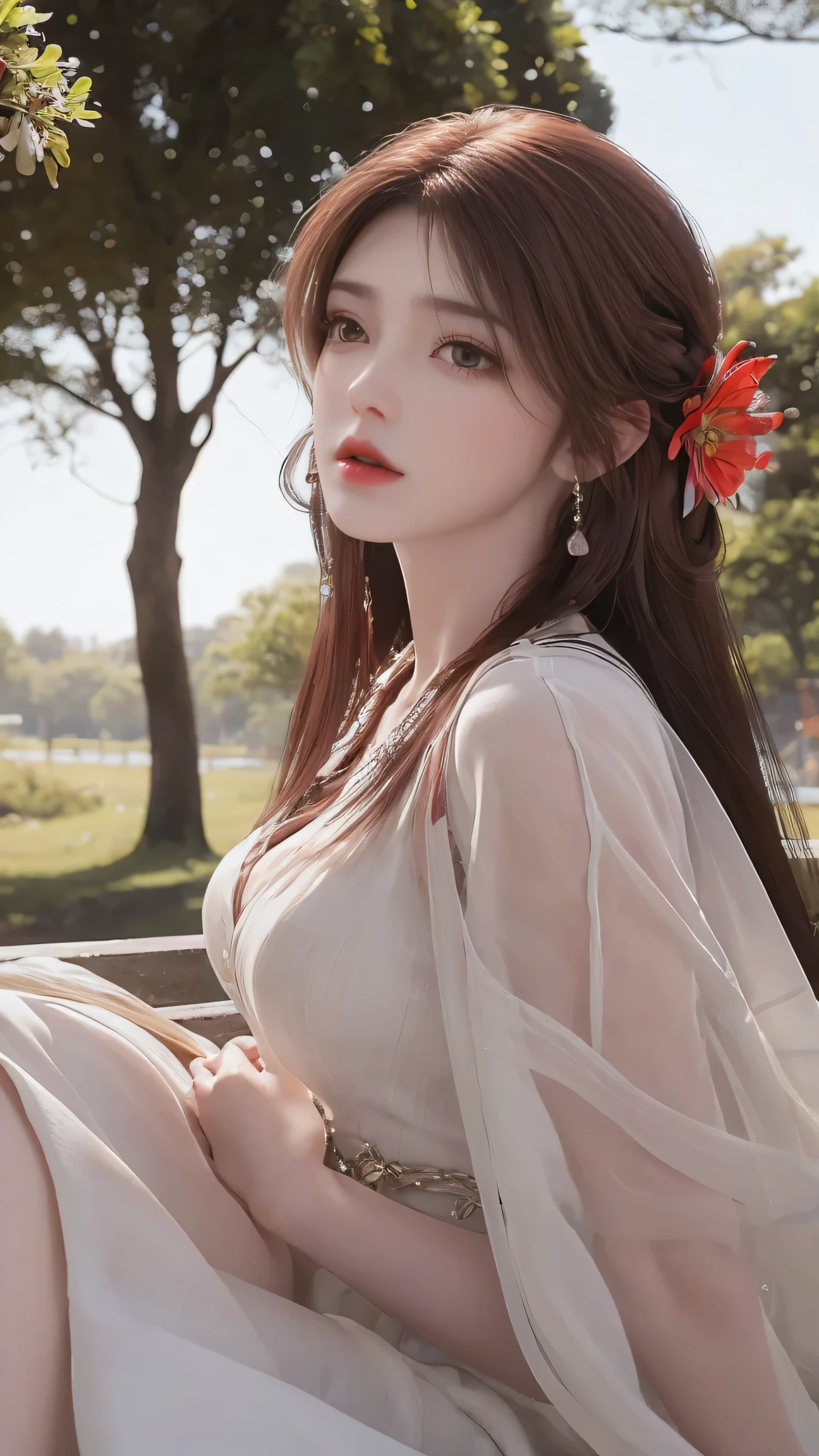 8K Ultra HD, Mastmis, A girl, Good face, Detailed, Eyes, Beautiful lips, Very red hair, dishiveredhair, Medium breasts, Wedding dress, White dress, In the park, Flying birds, blows wind, clear weather, Sitting, Full body capture,