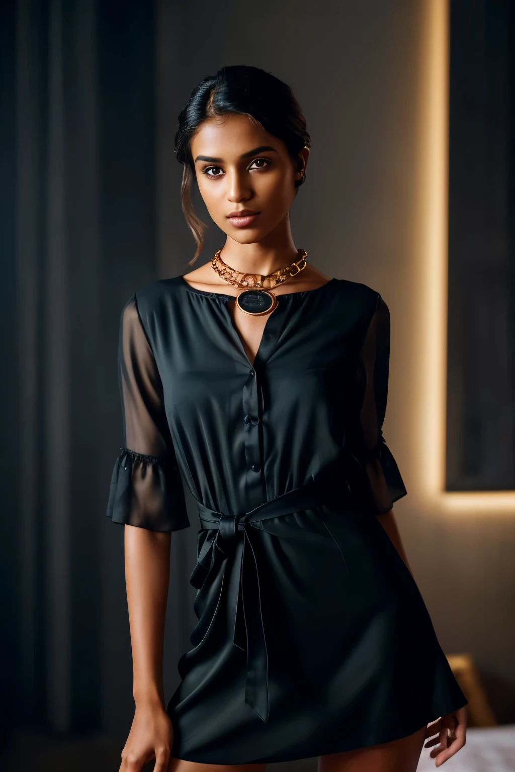 In this photograph, an Indian Instagram female model in her mid-20s takes center stage. , (highly detailed face:1.4) (smile:0.7) (backround 5 star hotel , moody, private study:1.OV, by lee jeffries, nikon d850, film stock photograph ,4 kodak portra 400 ,camera f1.6 lens ,rich colors ,hyper realistic ,lifelike texture, dramatic lighting , cinestill 800, realistic, wearing orange black dobby weave self design fit & flare dress Sweetheart neck Short, puff sleeve Tie-up detail on back Above knee length in flounce hem Attached Lining Chiffon fabric, actress, karla ortiz, posing!!, candid picture, by Max Dauthendey,Completing the aesthetic, the model wears a slave collar with a chain around her neck. The photograph is meticulously captured in 8K resolution using cutting-edge techniques such as Cinema 4D and Octane Render, resulting in a highly detailed and photorealistic image. Studio lighting, HDR, and a smoky mist create a captivating ambiance, while the bokeh effect adds an artistic touch.