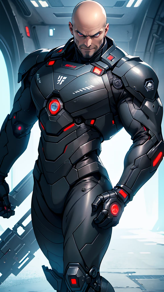 45 year old cybernetic Russian guy in black mobile cybernetic battle suit detailed muscles realistic masterpieces full figure pose (best quality,ultra-detailed), bald, dark eyes, scarred closed right eye, fit body, (evil grin expression), wearing cybernetic battle spacesuit