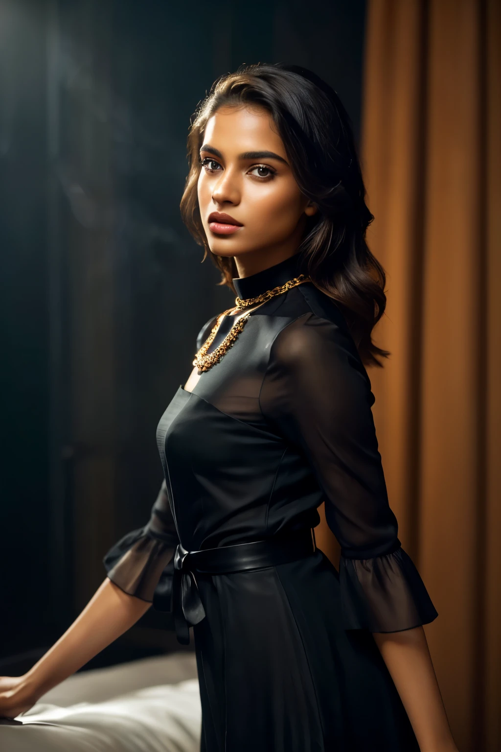In this photograph, an Indian Instagram female model in her mid-20s takes center stage. , (highly detailed face:1.4) (smile:0.7) (backround 5 star hotel , moody, private study:1.OV, by lee jeffries, nikon d850, film stock photograph ,4 kodak portra 400 ,camera f1.6 lens ,rich colors ,hyper realistic ,lifelike texture, dramatic lighting , cinestill 800, realistic, wearing orange black dobby weave self design fit & flare dress Sweetheart neck Short, puff sleeve Tie-up detail on back Above knee length in flounce hem Attached Lining Chiffon fabric, actress, karla ortiz, posing!!, candid picture, by Max Dauthendey,Completing the aesthetic, the model wears a slave collar with a chain around her neck. The photograph is meticulously captured in 8K resolution using cutting-edge techniques such as Cinema 4D and Octane Render, resulting in a highly detailed and photorealistic image. Studio lighting, HDR, and a smoky mist create a captivating ambiance, while the bokeh effect adds an artistic touch.