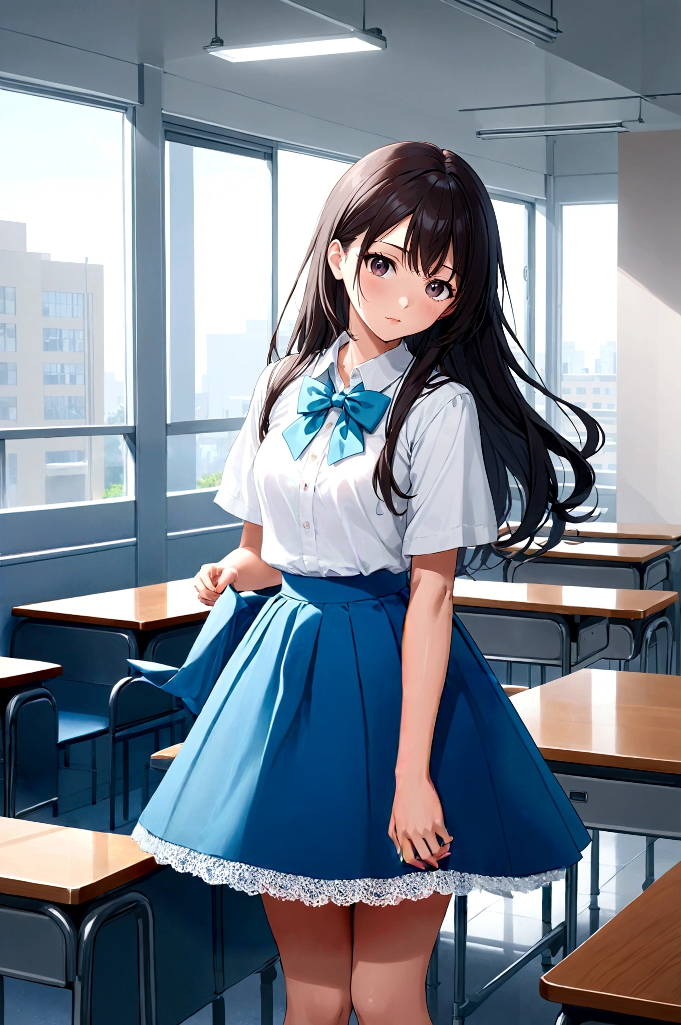 A skirt puffed up by the strong wind、、Skirt that is flipped、Trailing behind、
The lining is visible　、White lace lining、White cotton panties are visible
