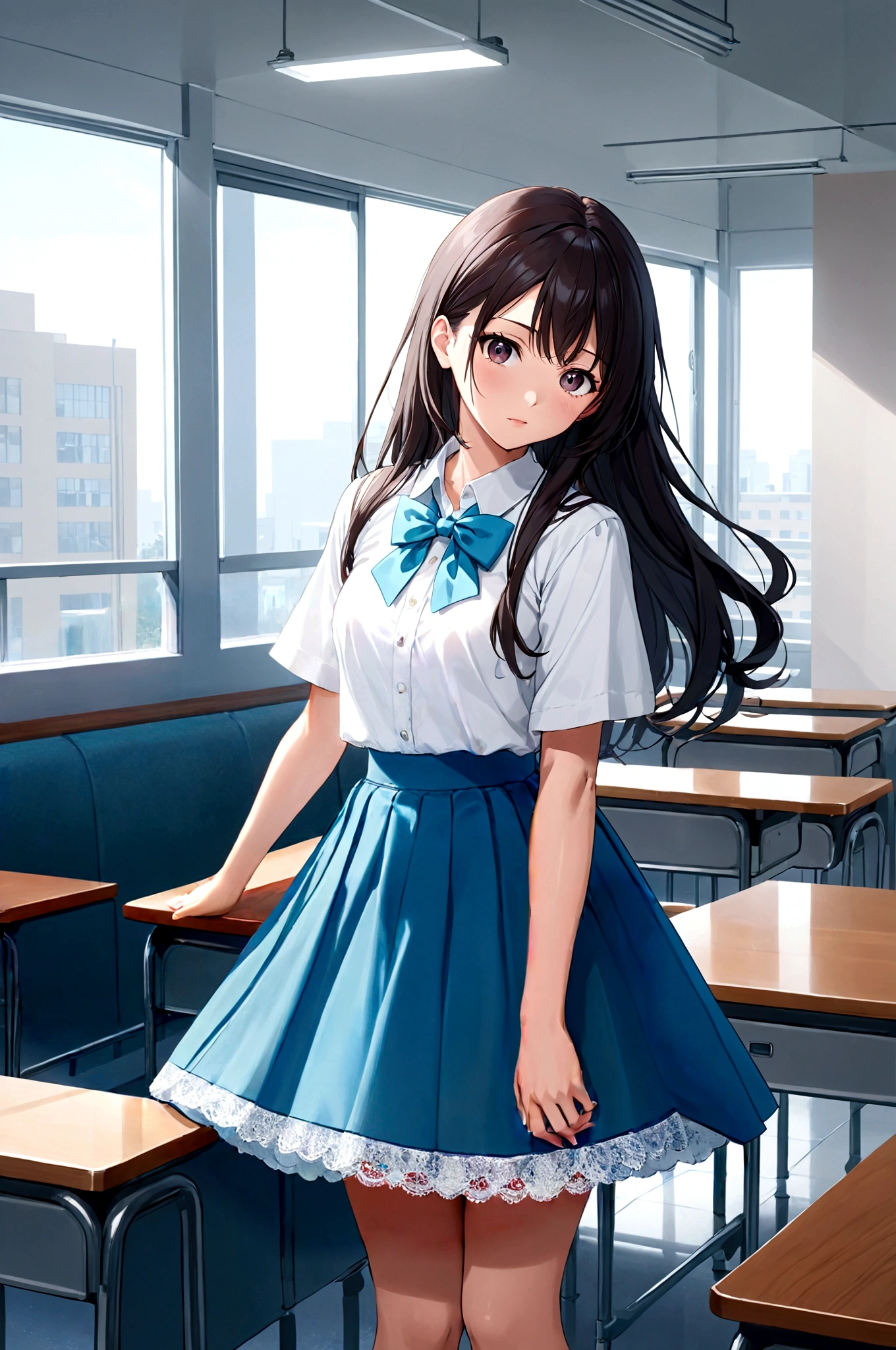 A skirt puffed up by the strong wind、、Skirt that is flipped、Trailing behind、
The lining is visible 、White lace lining、White cotton panties are visible