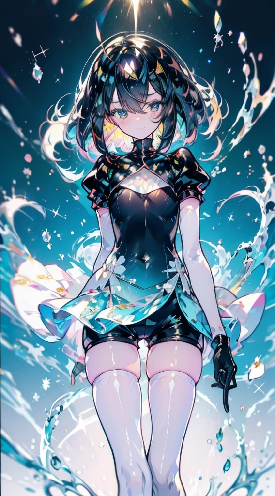 ((masterpiece)), (((best Quality))), ((ultra detailed)), ((illustration)), ((full body)), (Masterpiece, Best quality:1.4), (Beautiful, Aesthetic, Perfect, Delicate, Intricate:1.2), (ultra resolution:1.2), (ultra detailed), long legs, long arms, long torso, perfect body, (ultra realism), 1woman, A cute and skinny adult girl, skinny woman, ((chubby thighs)), posing, majestic view, sexy adult woman, cute adult woman, ((in the style of Ichikawa Haruko)), Houseki no Kuni, Original character, ((21 years old)), (flat chest:1.3), ((Hair gradient)), hair sections, ((very short hair)), hair above shoulders, (very straight black hair), ((straight hair)), no curl, hair completely straight, hair between eyes, (very dark eyes), detailed eyes, long eyelashes, side glance, petty eyes, upper body, arms behind back, arms in the back, squirming, struggle, [[[[[[perfect body, perfect anatomy]]]]]], [[[[[[[[[[[arms behind the back]]]]]]]]]], clothing style houseki no kuni, style houseki no kuni, (short puff sleeves), short sleeves, (3/4 length gloves), arm length gloves, ((long gloves)) twisting hips, ((short sleeve top)), ((shorts)), uniform, tie, legs closed, ((thigh gap)), (((zettai ryouiki))), long socks, thigh high socks, ((happy expression)), excited face, smiling, solo woman, all alone, 20 years old, shiny, reflective, Additional lighting, sunlight, daytime, on an island, rolling grassy hills, birds, grassy plain