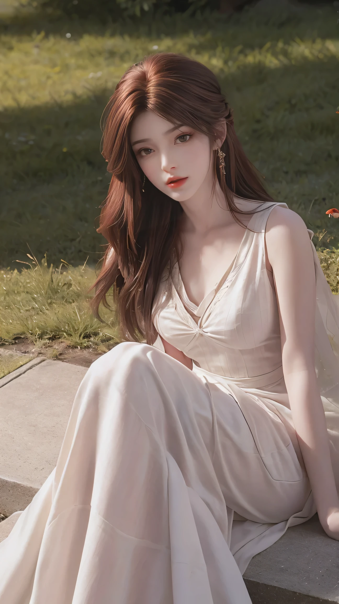 8K Ultra HD, Mastmis, A girl, Good face, Detailed, Eyes, Beautiful lips, Very red hair, dishiveredhair, Medium breasts, Wedding dress, White dress, In the park, Flying birds, blows wind, clear weather, Sitting, Full body capture,