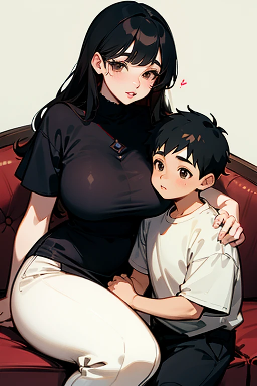 cozy background, cozy, chibi, bbw huge breasts woman big lips, mother and son on couch, casual clothing, comfy living room, black hair, brown eyes, 2 people, taller woman, young boy