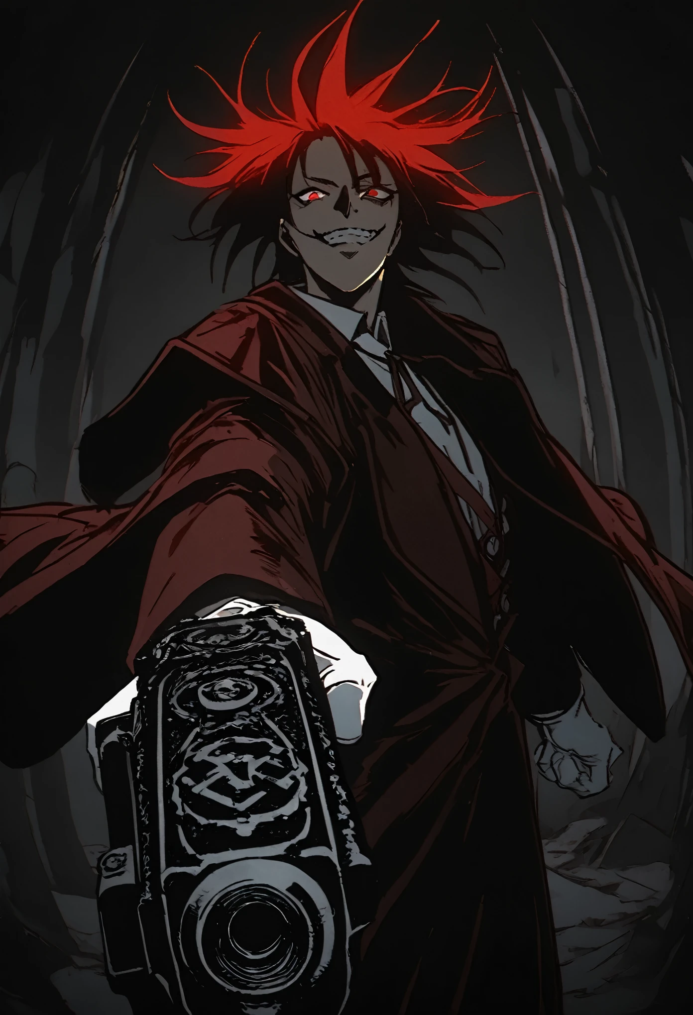 Alucard from "Hellsing" in close-up, in high quality.  Fisheye effect, focusing the image on the barrels of their distinctive engraved pistols, the Jackal and the Casull, pointing directly at the viewer.  The image shows his iconic red outfit in great detail, with the crimson coat fluttering slightly in the wind, and his white gloves with pentagrams clearly visible.  In the background, his face is clearly seen, with crimson eyes shining with malice and a cynical smile that reveals his sharp fangs.  The atmosphere is dark and oppressive, with high contrast to intensify his aura of terror.