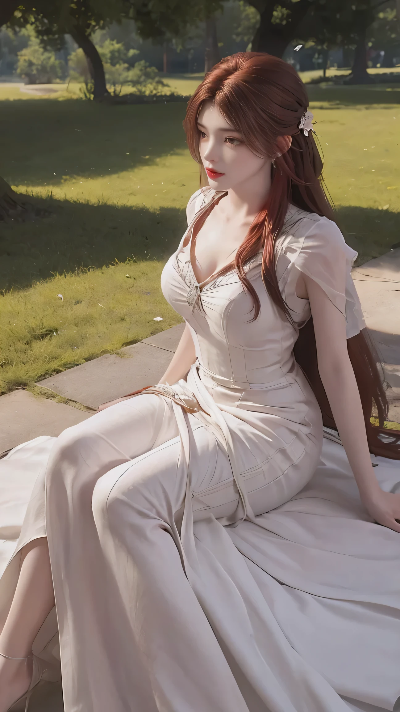8K Ultra HD, Mastmis, A girl, Good face, Detailed, Eyes, Beautiful lips, Very red hair, dishiveredhair, Medium breasts, Wedding dress, White dress, In the park, Flying birds, blows wind, clear weather, Sitting, Full body capture,