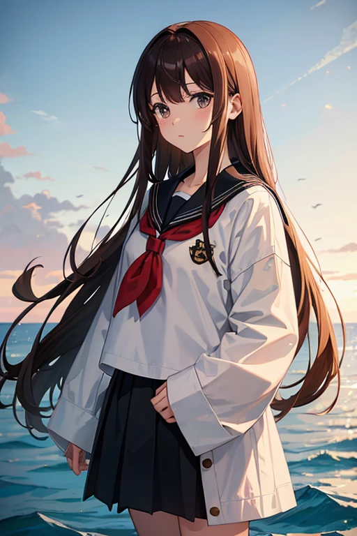 masterpiece, highest quality, High resolution,Follow the prompts、Anime Style、Brown Hair、Long Hair、black eye、uniform、Sailor suit、Standing in the calm sea