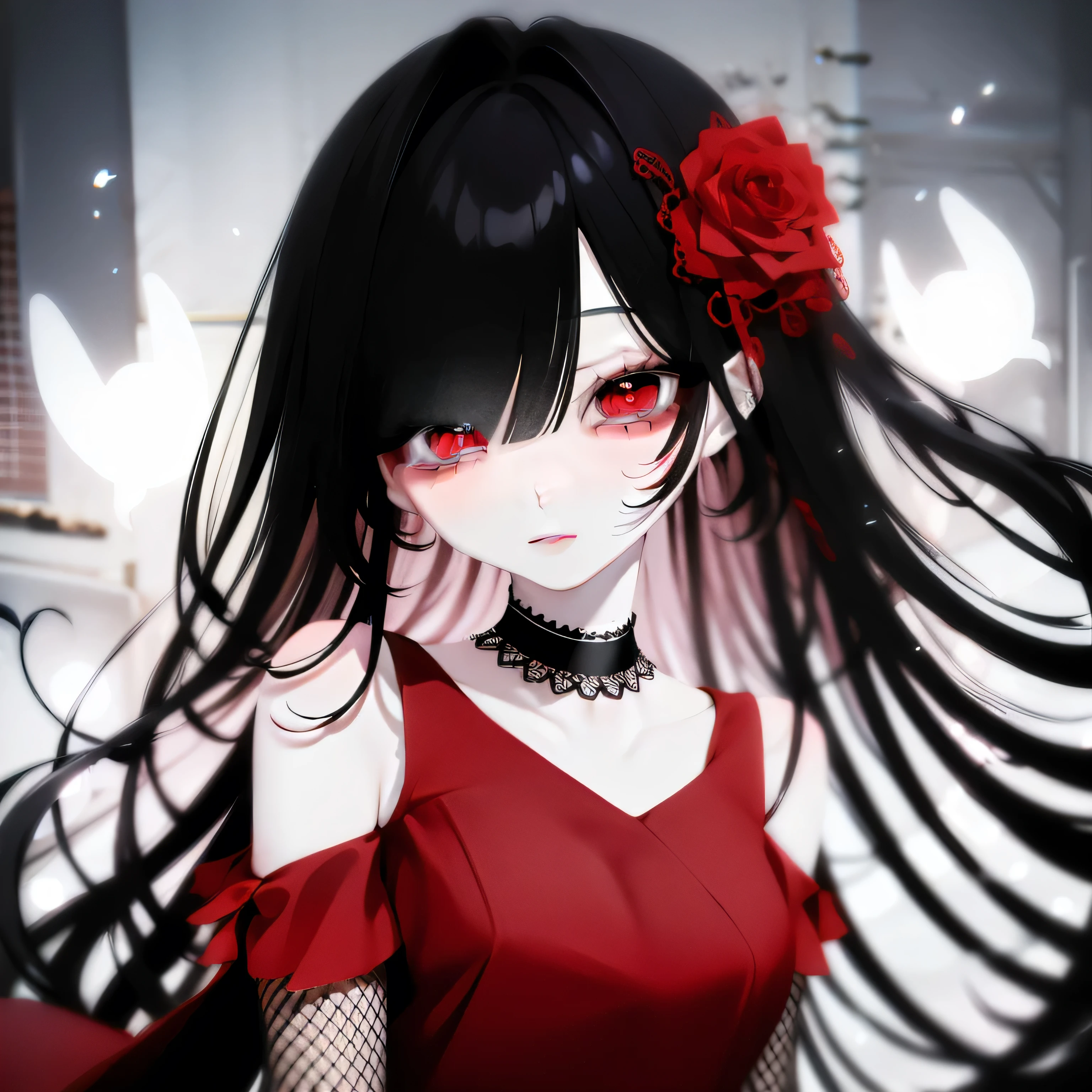 Black hairs,Half-length statue of a girl,k hd,4K,face expressionless,style of anime,sideface,white backgrounid,red eyes, red dress