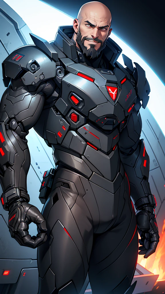 35 year old cybernetic Russian guy in black mobile cybernetic battle suit detailed muscles realistic masterpieces full figure pose (best quality,ultra-detailed), bald, dark eyes, brown beard, fit body, (evil grin expression), wearing cybernetic battle spacesuit