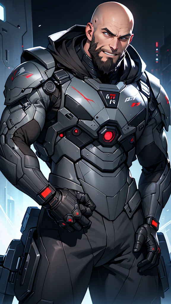 35 year old cybernetic Russian guy in black mobile cybernetic battle suit detailed muscles realistic masterpieces full figure pose (best quality,ultra-detailed), bald, dark eyes, brown beard, fit body, (evil grin expression), wearing cybernetic battle spacesuit