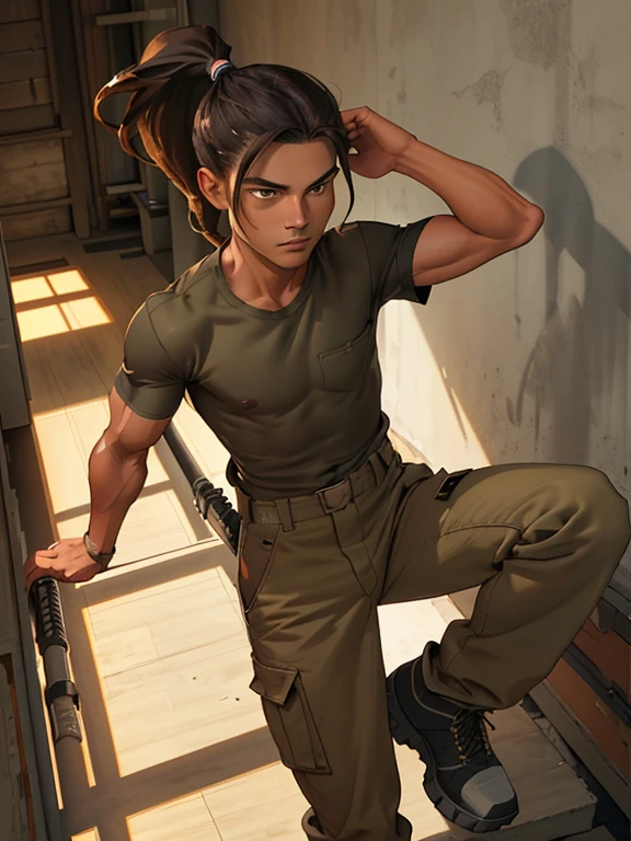 ink painting style, sketch, dynamic image of a young athlete with a toned body(flat chest:1.1), very tousled dark brown tousled long hair tied in a ponytail, golden brown eyes, wearing a khaki T-shirt, military-style trousers with patch pockets and massive high infantry boots, A play of chiaroscuro