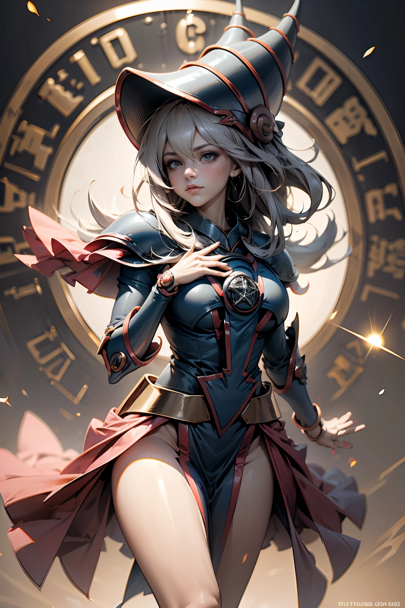 (Obra maestra:1.2), (La mejor calidad:1.2), perfect lighting, Chica Maga Oscura lanzando un hechizo, En sus veinte, flotando en el aire, tetas grandes, escote, bata azul, sombrero grande, desde arriba, Destellos, Yugioh juego, magic of the heart. luces del corazon, Romantic heart