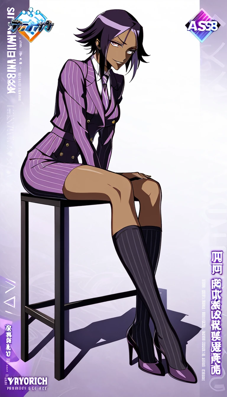juri han,horn hair,shining purple eyes,sitting on an office chair,staring overhead,evil smile,with one's legs crossed,short office skirt