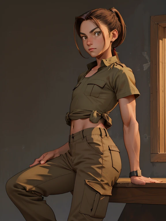 ink painting style, sketch, dynamic image of a young athlete with a toned body(flat chest:1.1), very tousled dark brown tousled long hair tied in a ponytail, golden brown eyes, wearing a khaki T-shirt, military-style trousers with patch pockets and massive high infantry boots, A play of chiaroscuro
